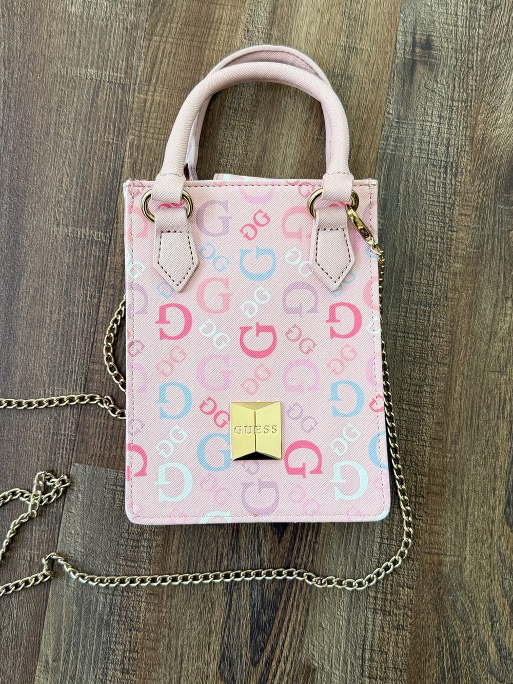 GUESS Pink Multicolor Logo Mini Tote with Gold Chain